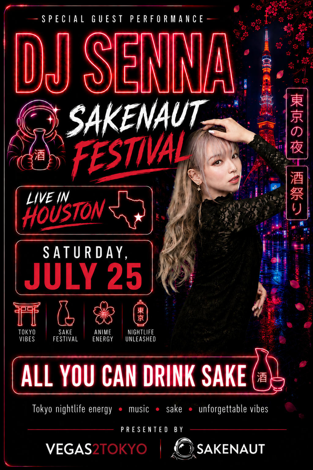 Promotional poster for DJ Senna Sakenaut Festival with a woman and event details.