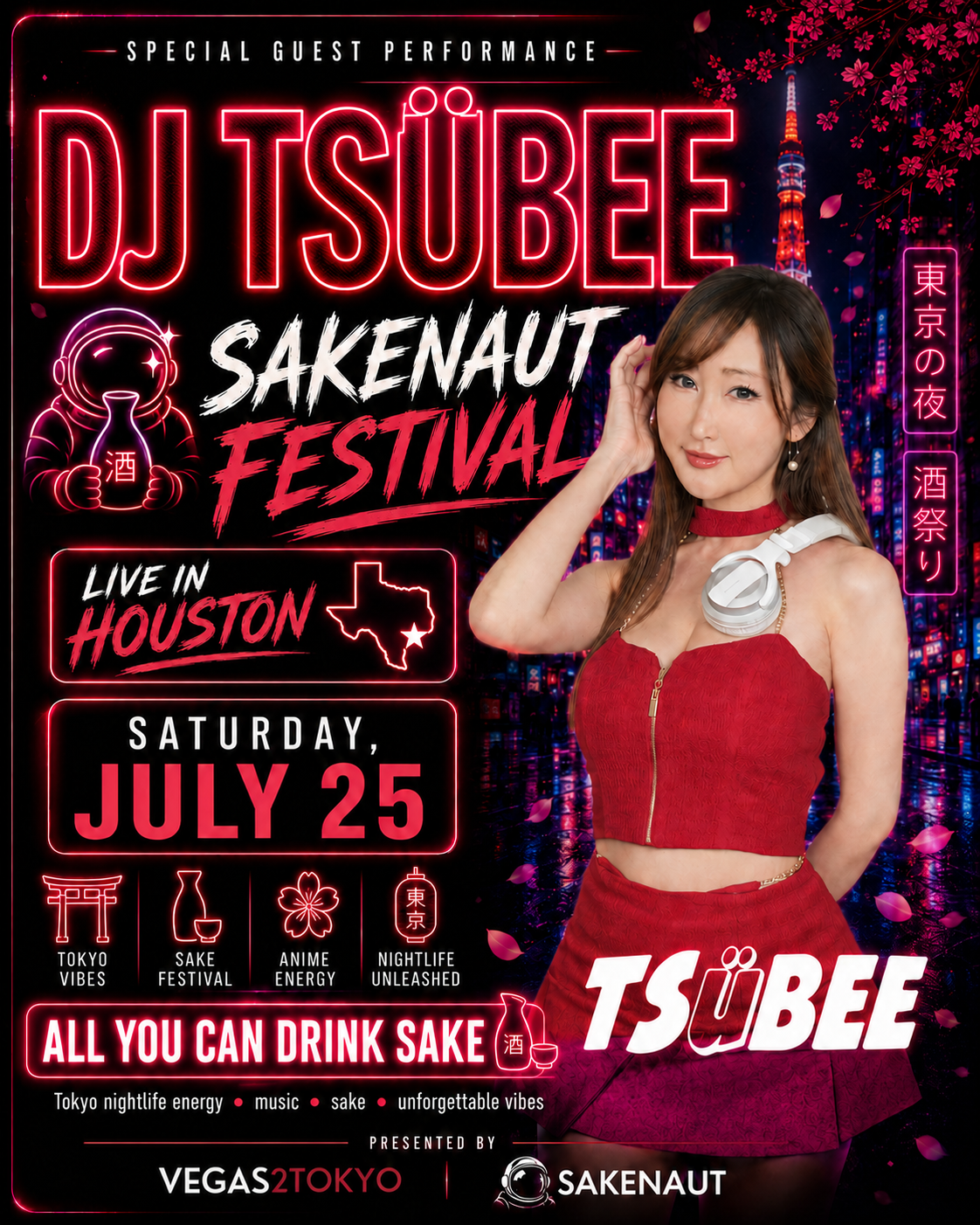 Promotional poster for DJ Tsubee Sakenaut Festival with a woman in a red dress.