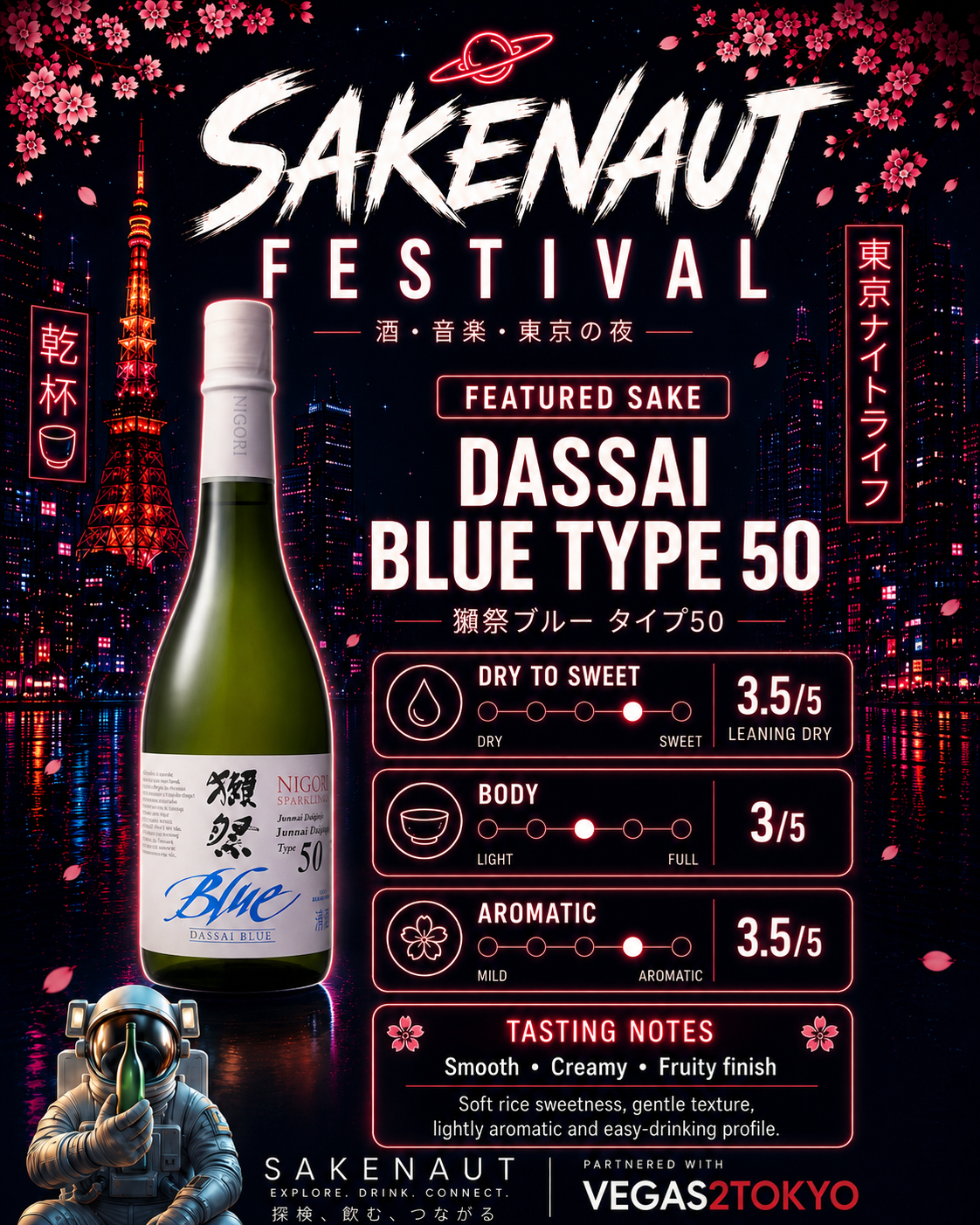 Promotional poster for Sakenaut Festival featuring Dassai Blue Type 50 sake with Tokyo skyline and astronaut graphic.