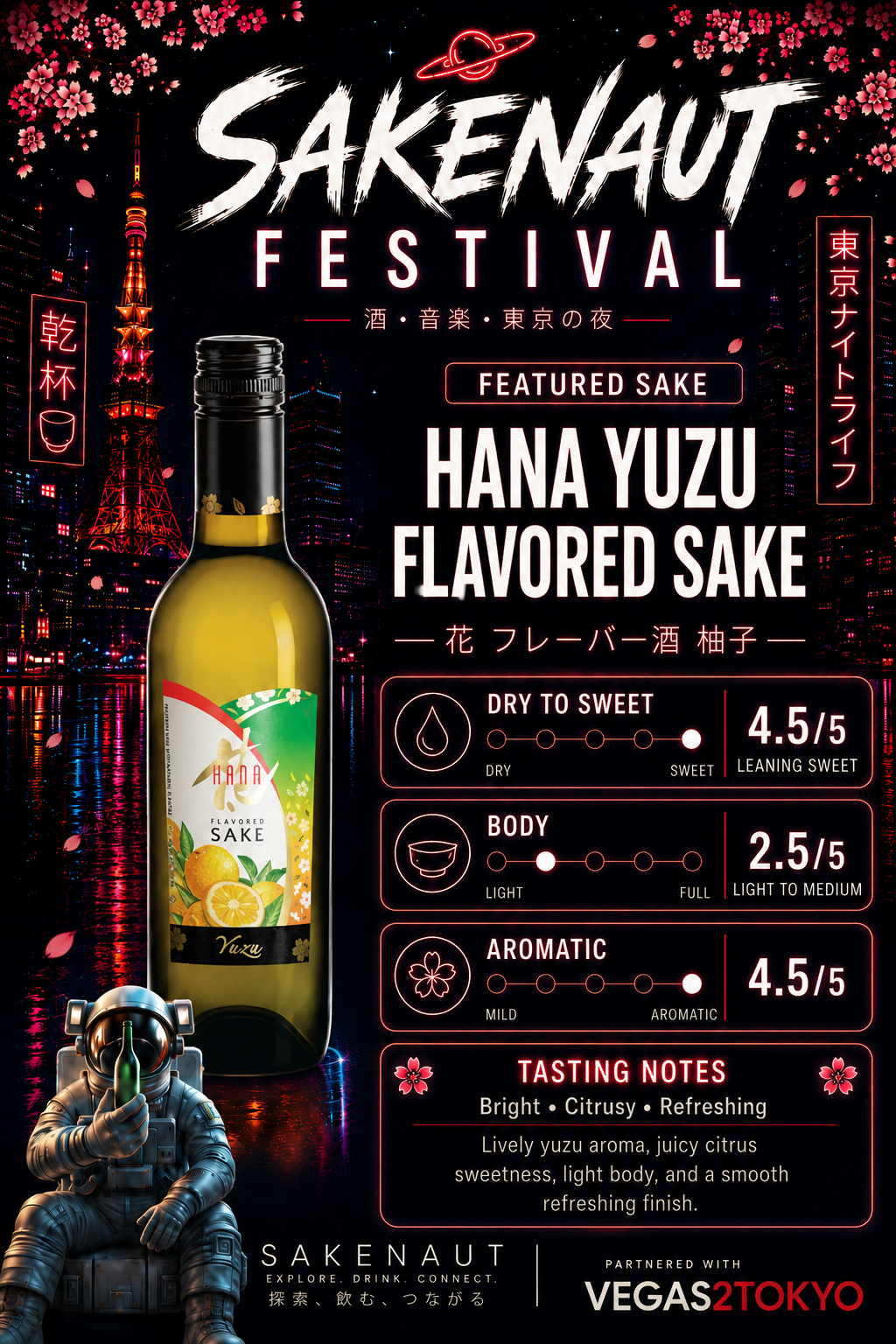 Promotional poster for Sakenaut Festival featuring Hana Yuzu Flavored Sake with a futuristic astronaut graphic.