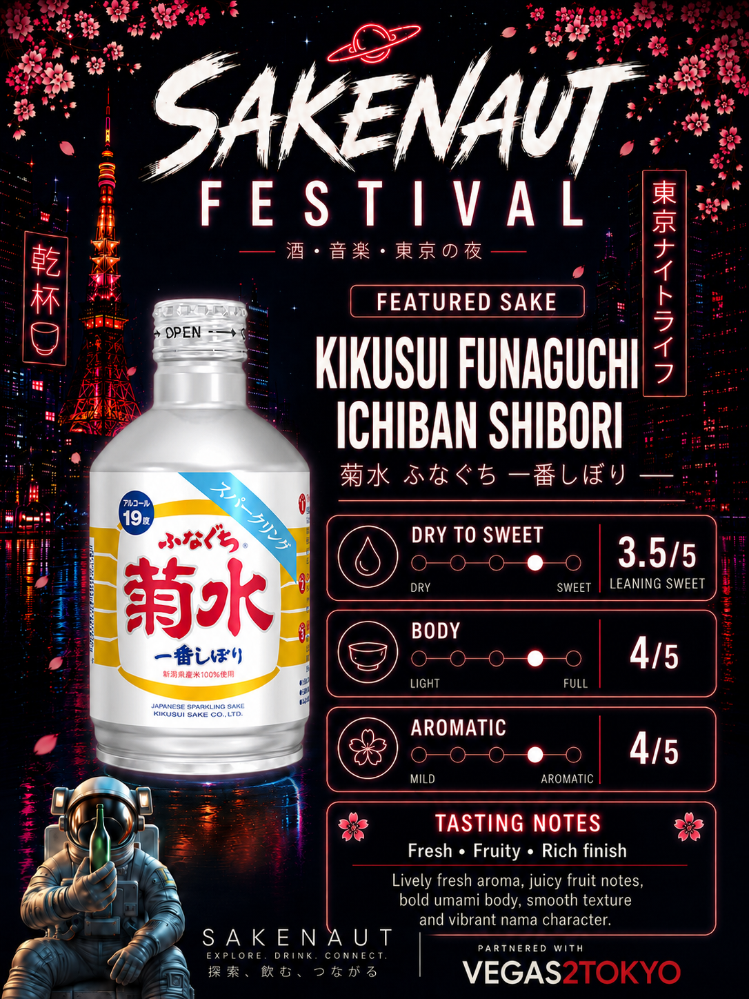 Promotional poster for Sakenaut Festival featuring Kikusui Funaguchi Ichiban Shibori sparkling sake bottle with astronaut graphic.