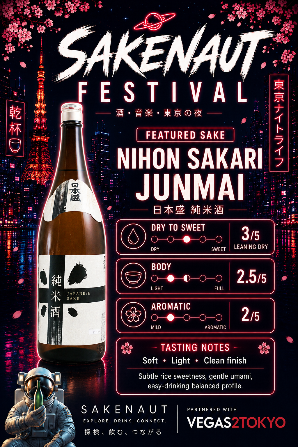 Promotional poster for Sakenaut Festival featuring Nihon Sakari Junmai sake bottle and festival details.