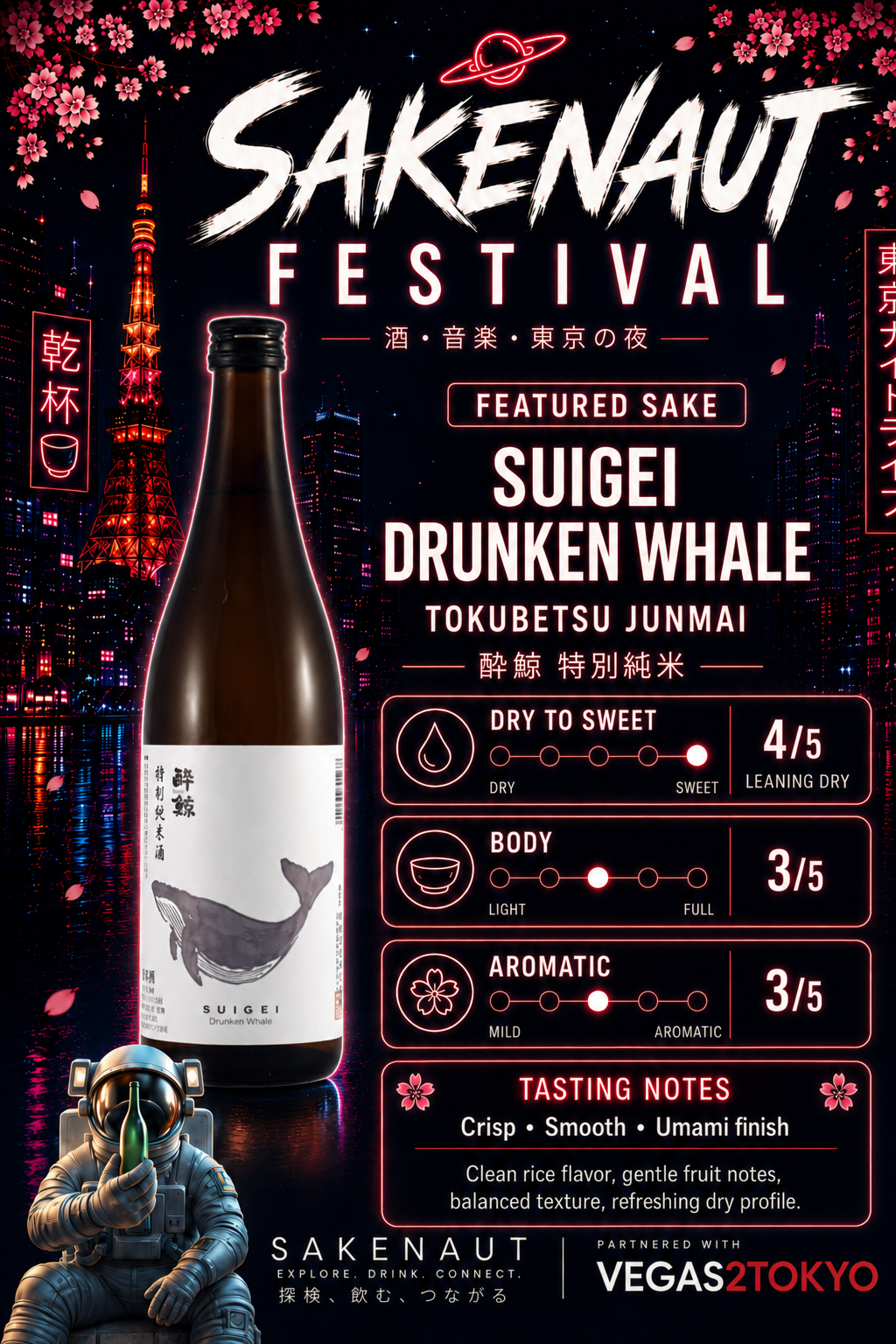 Promotional poster for Sakenaut Festival featuring Suigei Drunken Whale Tokubetsu Junmai sake bottle and astronaut graphic.