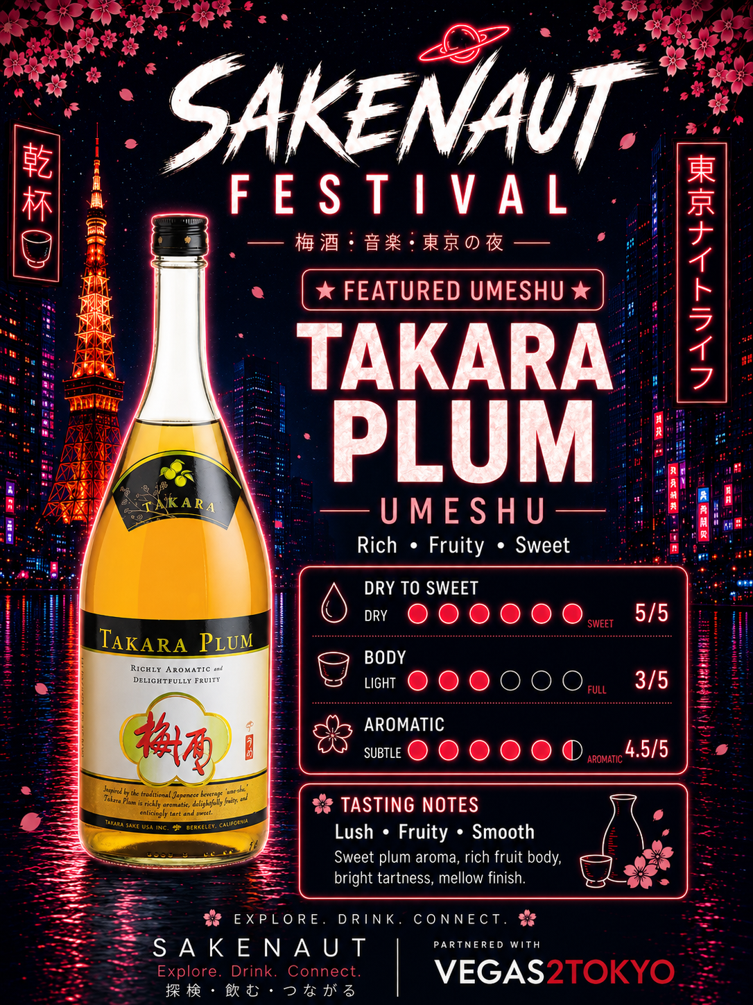 Promotional poster for Sakenaut Festival featuring Takara Plum wine Umeshu with bottle and event details.